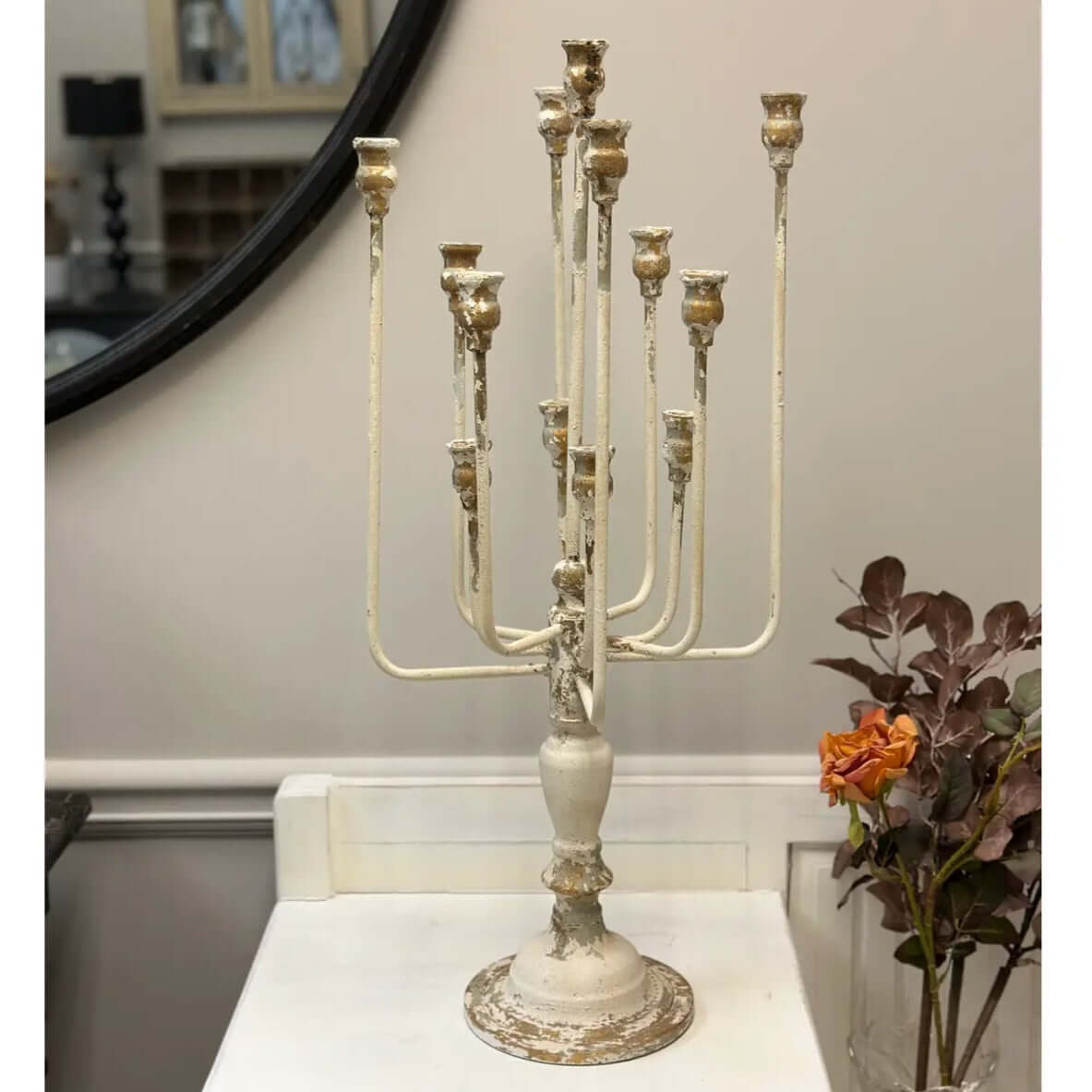 Vintage Farmhouse Candelabra in Distressed White Iron – Vintage
