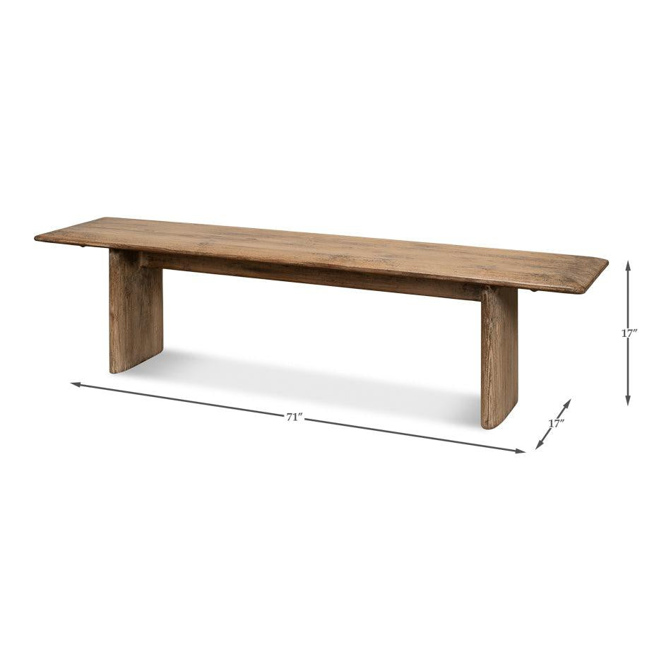 Vintage Farmhouse Reclaimed Pine Bench with natural weathered wood finish, highlighting knots and grain patterns, 71 inches long.