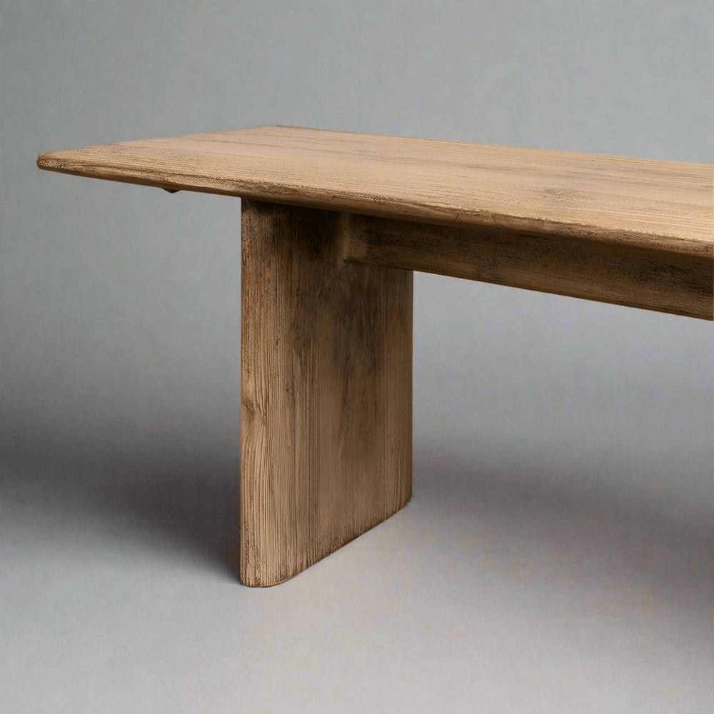 Vintage Farmhouse Reclaimed Pine Bench with warm wood grain and natural finish, showcasing rustic charm and historical character.