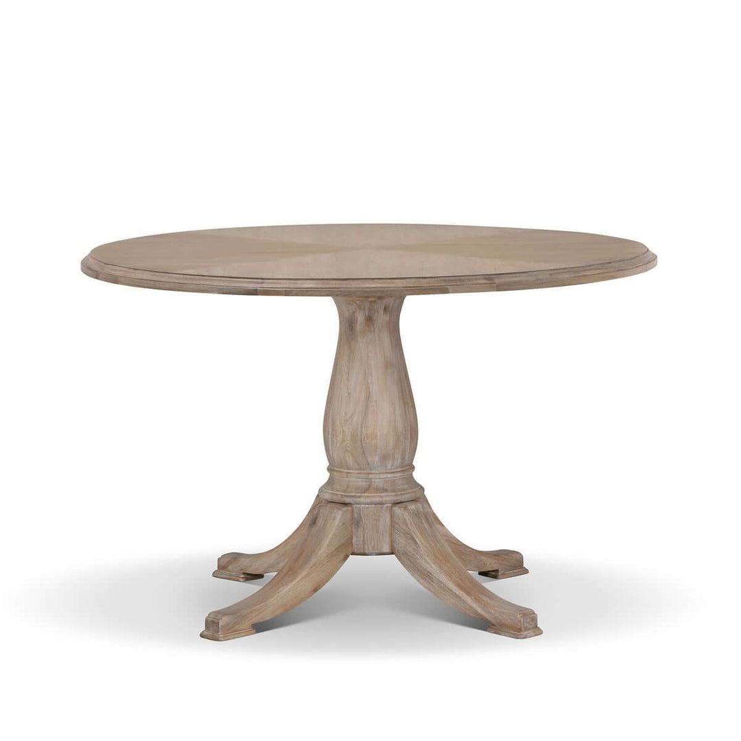 Vintage Farmhouse Round Pedestal Dining Table with Cotswold-inspired design and timeless craftsmanship, perfect for any rustic setting.