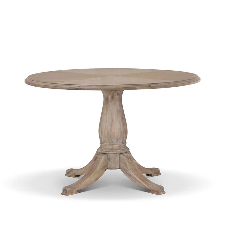 Vintage Farmhouse Round Pedestal Dining Table with Cotswold-inspired design and timeless craftsmanship, perfect for any rustic setting.