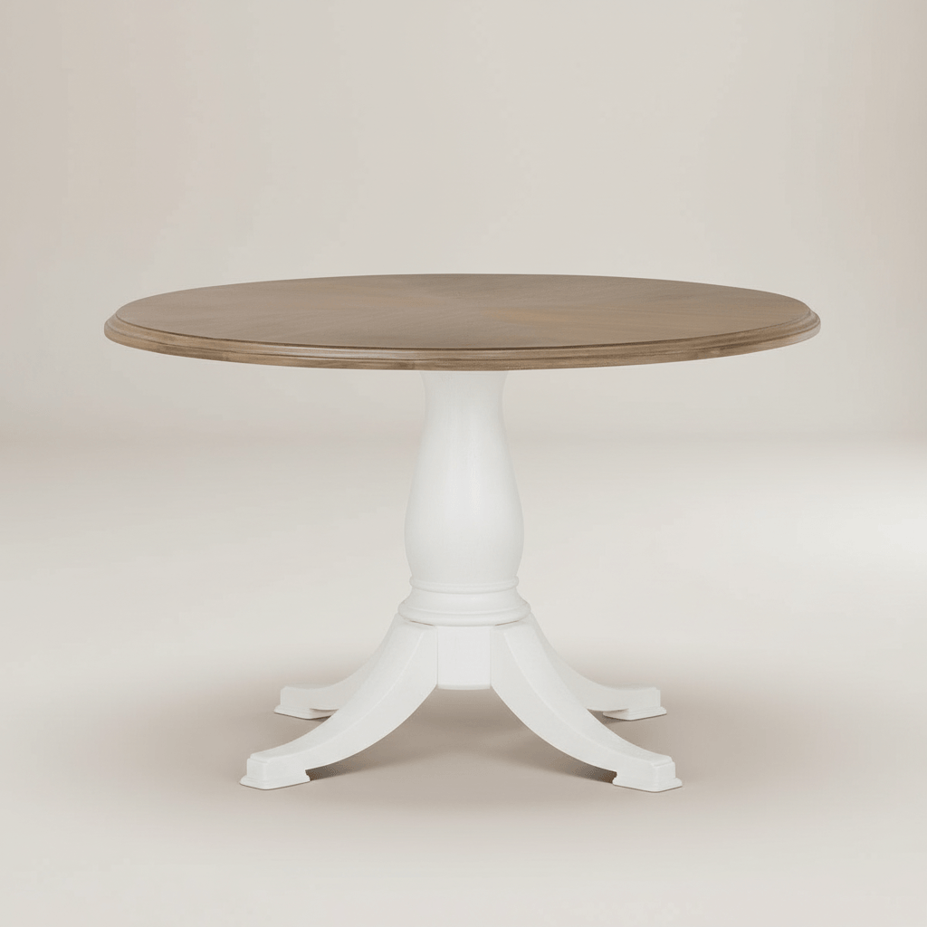 Vintage Farmhouse Round Pedestal Dining Table with elegant wooden top and white base
