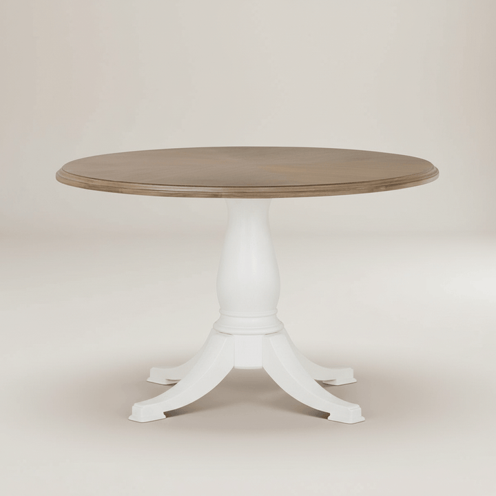 Vintage Farmhouse Round Pedestal Dining Table with elegant wooden top and white base