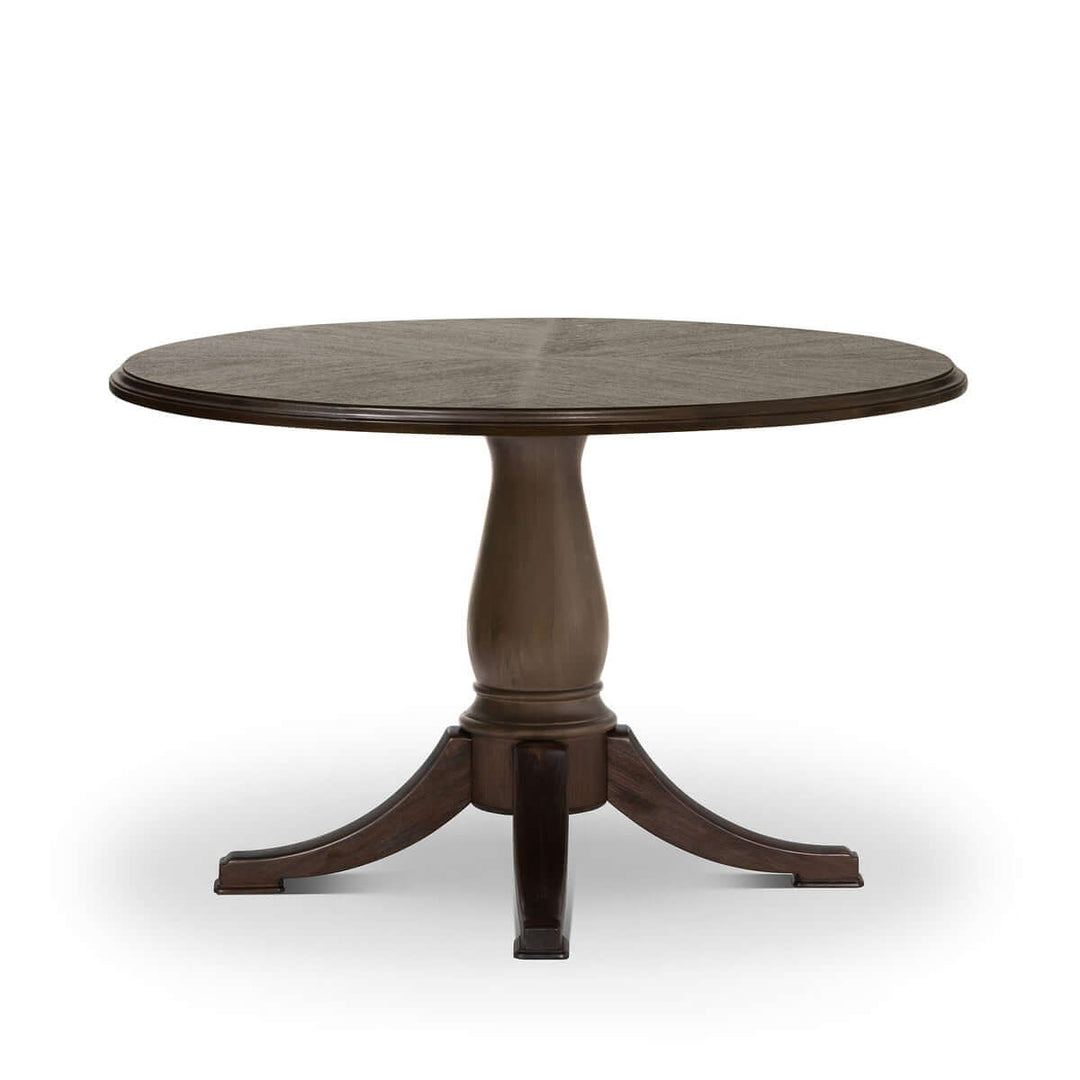 Vintage Farmhouse Round Pedestal Dining Table in dark wood finish.