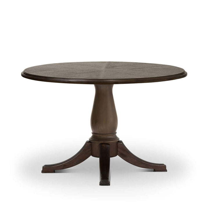Vintage Farmhouse Round Pedestal Dining Table in dark wood finish.