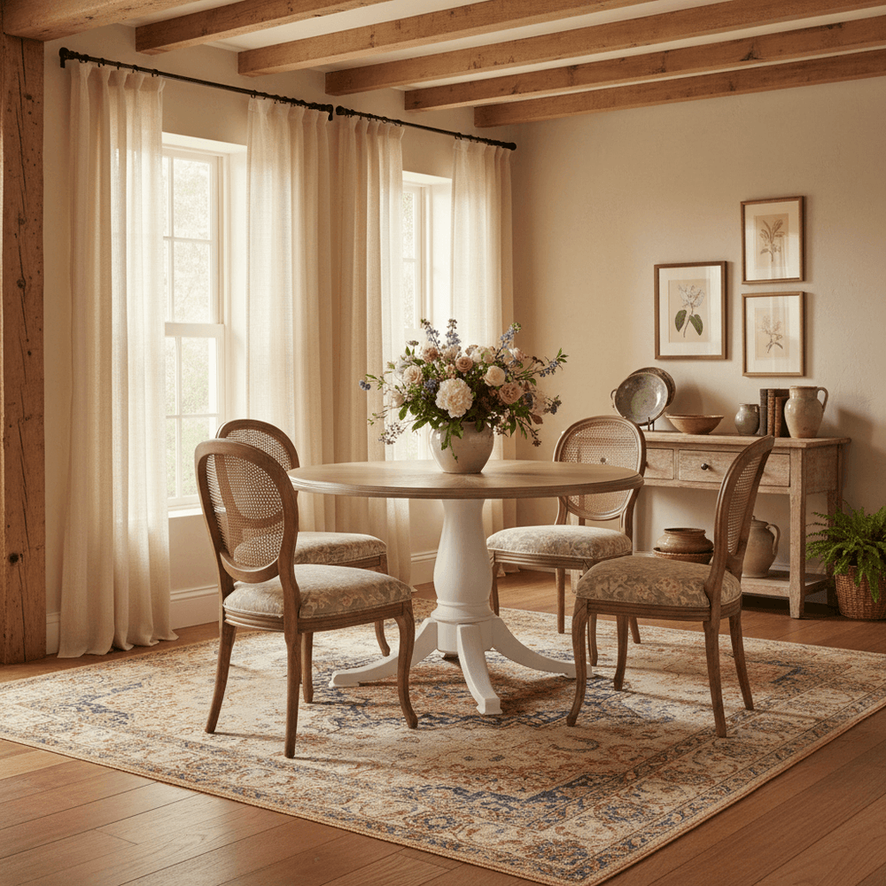 Vintage Farmhouse Round Pedestal Dining Table in rustic dining room setting with floral centerpiece, capturing Cotswold-inspired design.
