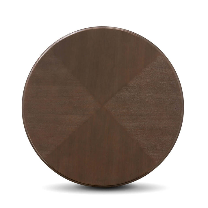 Top view of a Vintage Farmhouse Round Pedestal Dining Table showcasing its rustic wood finish and circular design.