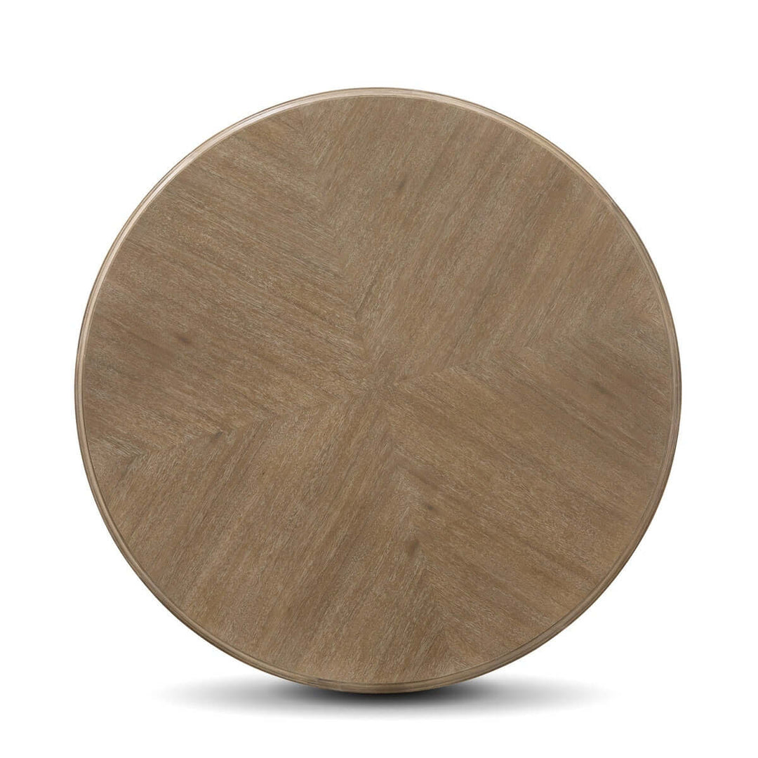 Top view of Vintage Farmhouse Round Pedestal Dining Table with wood grain pattern