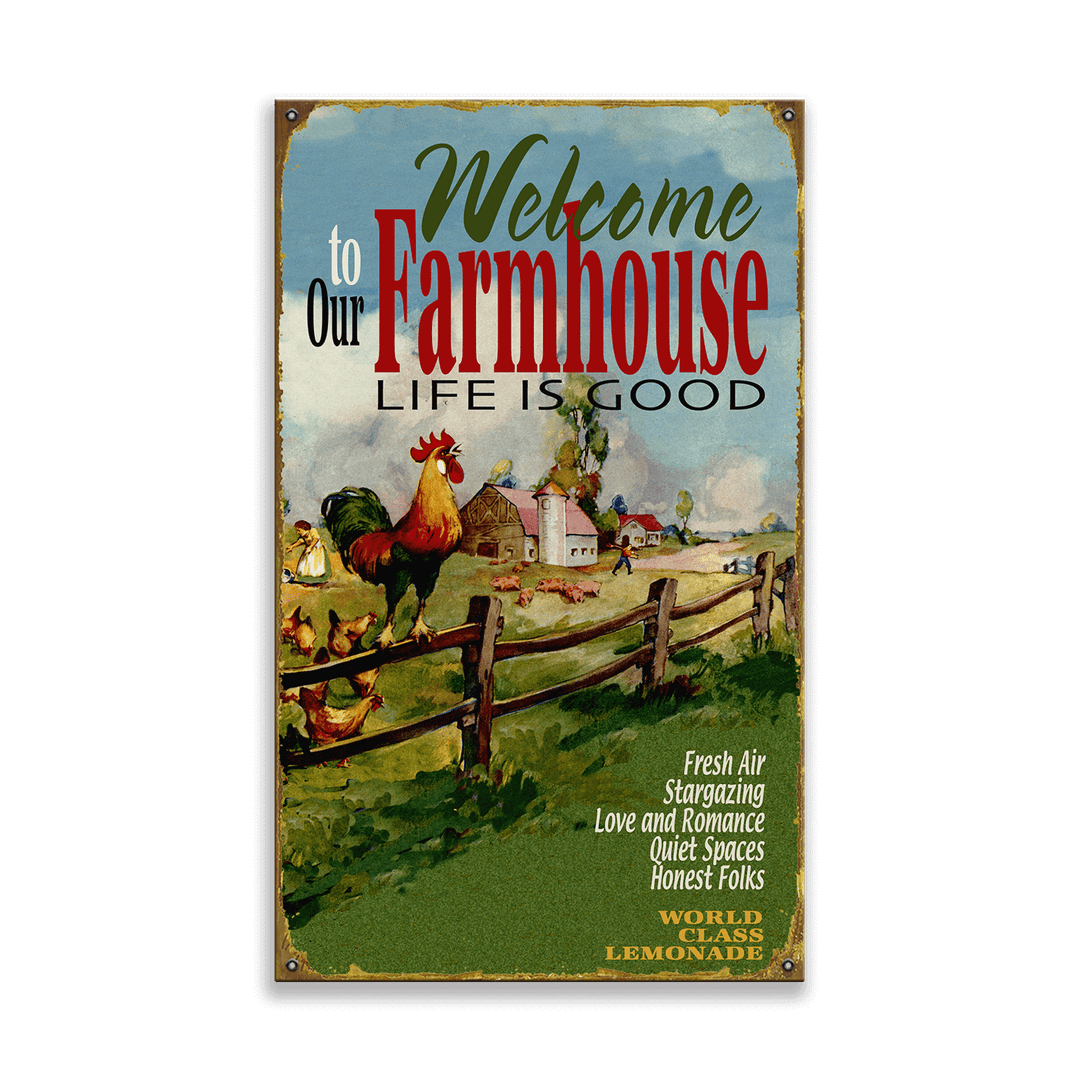 Vintage Farmhouse Welcome to Our Home Wall Sign with rooster and rustic scenery, nostalgic country life tribute, warm and inviting decor.