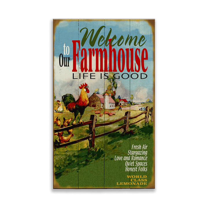 Vintage Farmhouse Welcome to Our Home Wall Sign with pastoral country scene and welcoming text, celebrating warm hospitality.