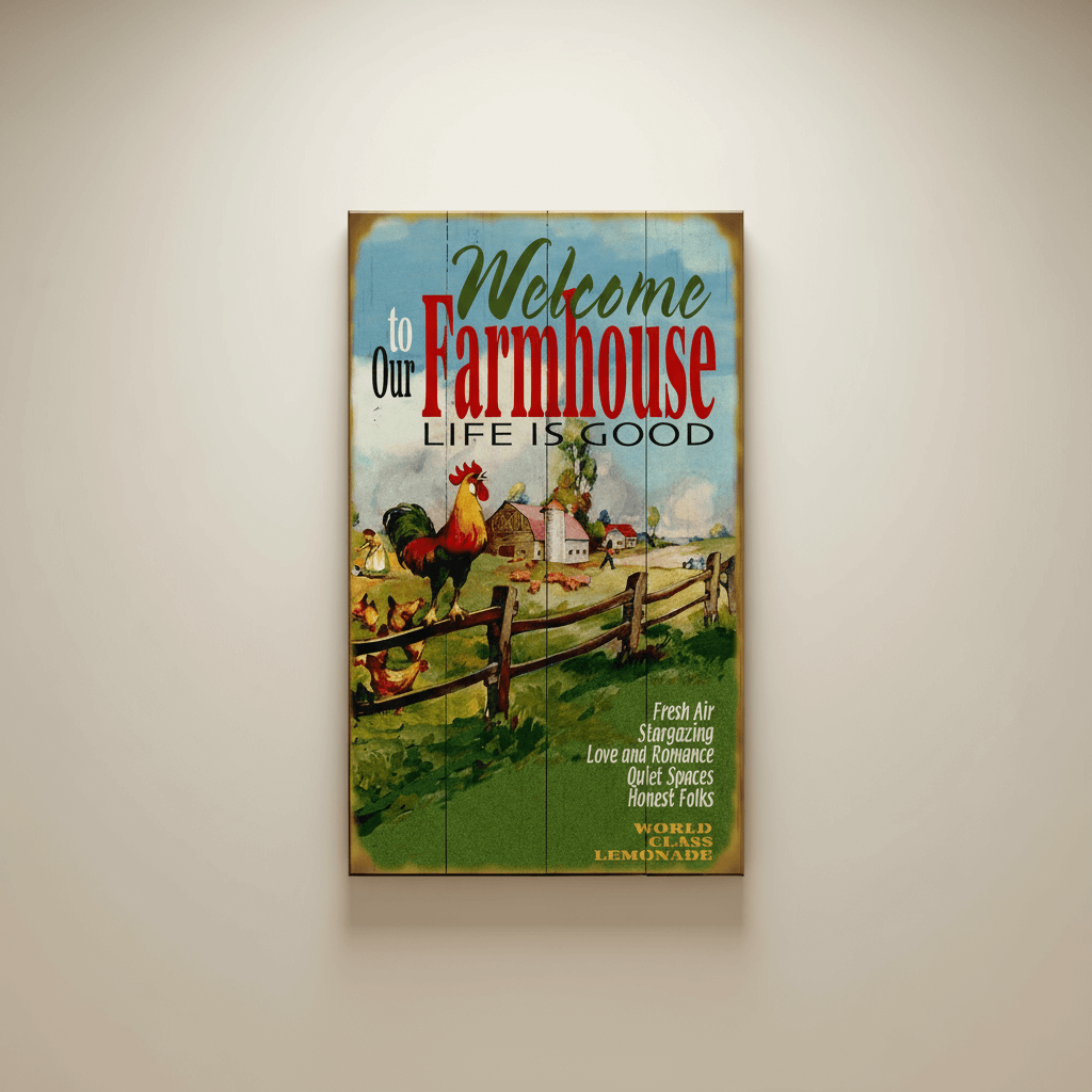 Vintage Farmhouse Welcome to Our Home Wall Sign with pastoral scene and rooster, nostalgic tribute to country hospitality and style.