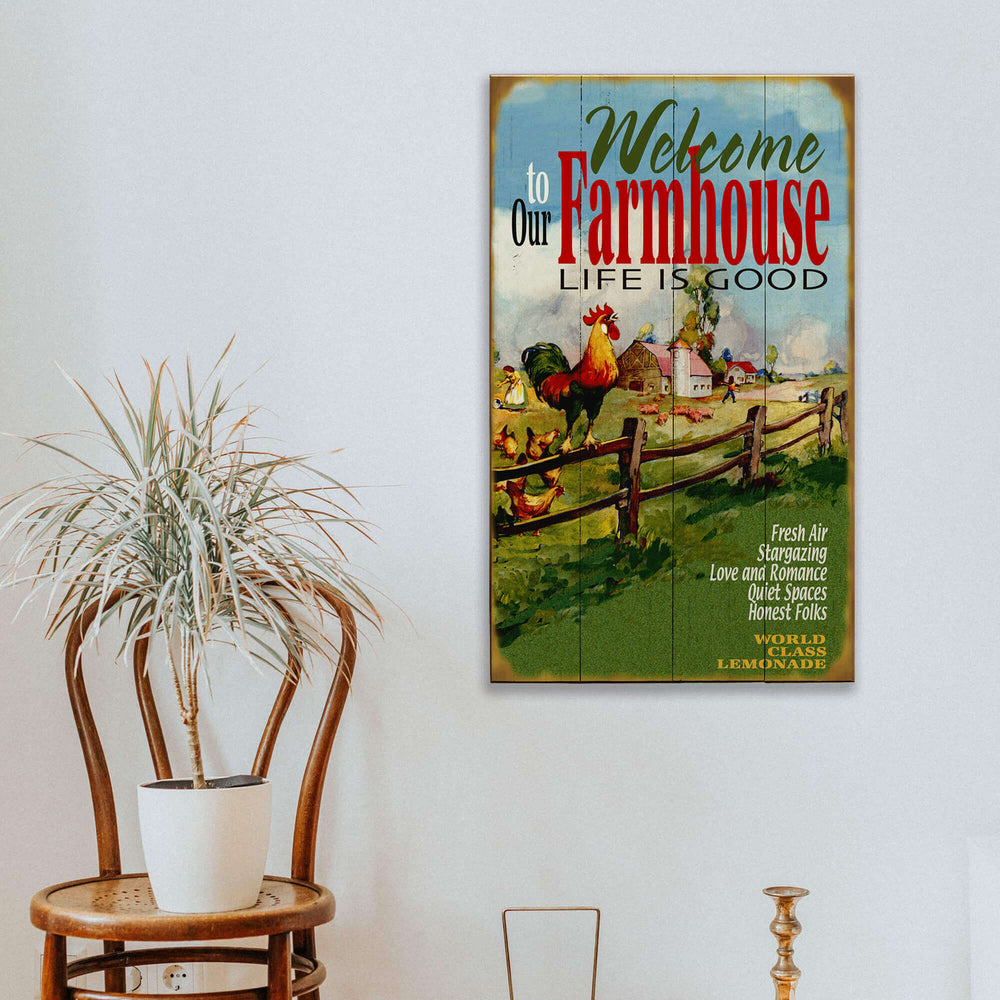 Vintage Farmhouse Welcome to Our Home Wall Sign hanging on a wall with rustic decor, showcasing country life and hospitality.