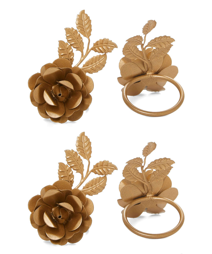 Vintage-Inspired Floral Golden Rose Napkin Rings (Set of 4) with intricate petal design and warm golden hue.