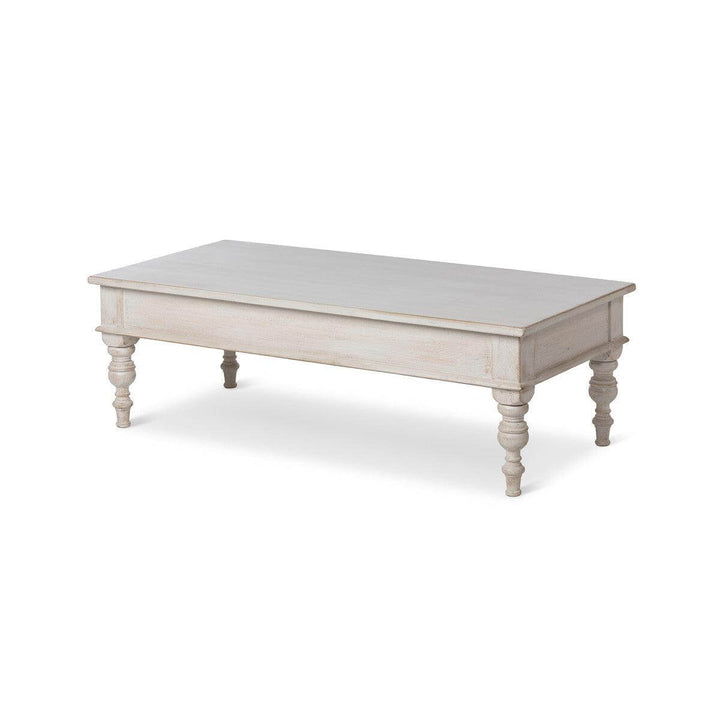 Vintage French Country Whitewashed Coffee Table With Drawers featuring a sturdy pine build and soft patina white finish.