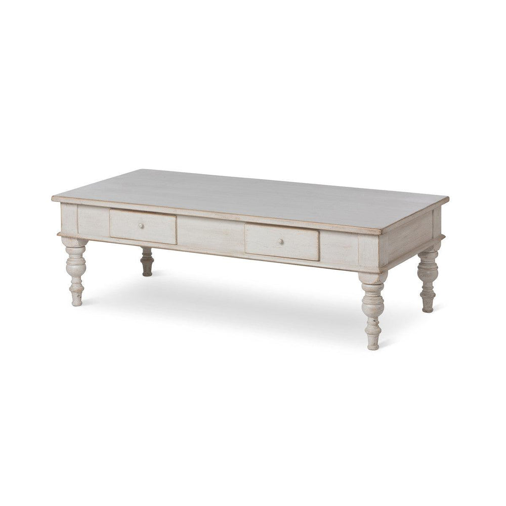 Vintage French Country Whitewashed Coffee Table With Drawers featuring sturdy pine construction and soft patina white finish.