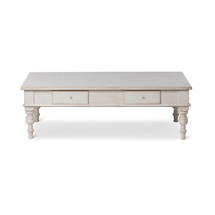Vintage French Country Whitewashed Coffee Table With Drawers, crafted from pine with a soft patina finish, featuring graceful simplicity.