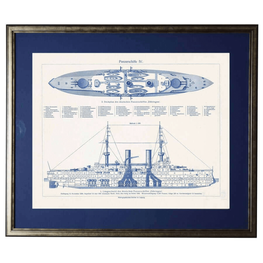 Vintage German warship blueprint wall art showing detailed post-WWI Panzerschiffe schematic with annotations in German script.
