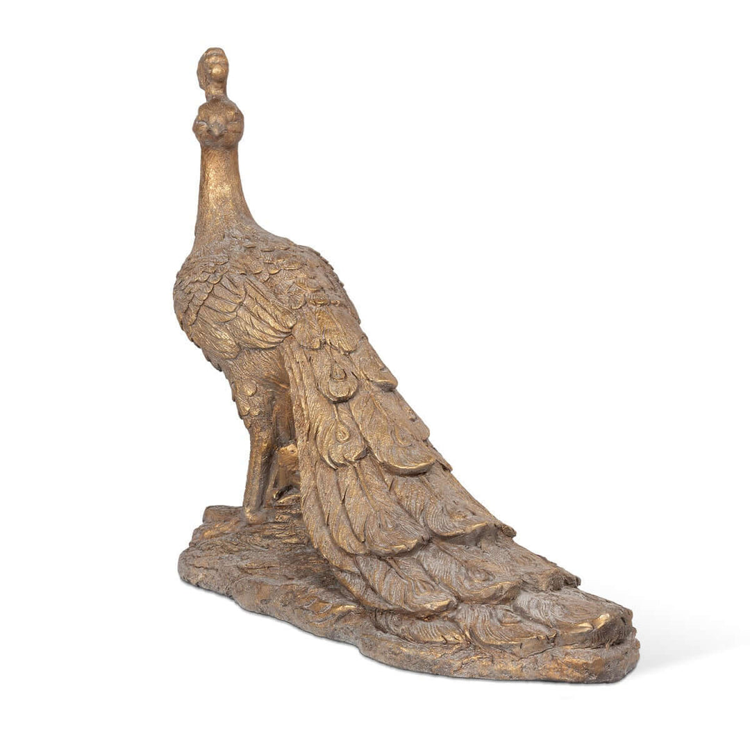 Vintage Gilded Peacock Statue with elegant sweeping tail in warm gilded patina, symbolizing love, beauty, and immortality.