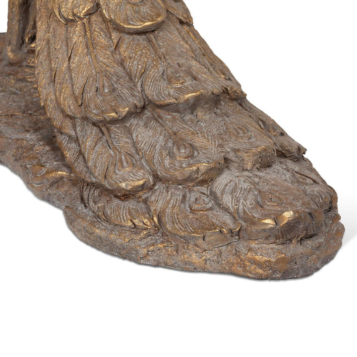Detailed view of the Vintage Gilded Peacock Statue with intricate feather design and gilded patina finish.