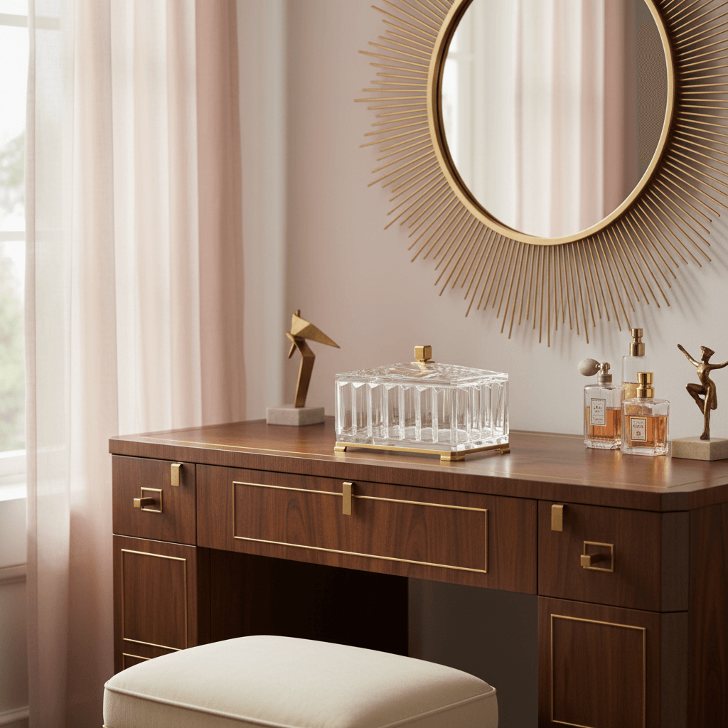 Wooden vanity with decorative mirror, perfume bottles, and sculptures in a softly lit room.