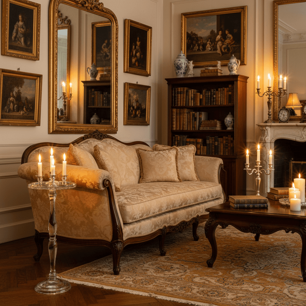Vintage living room with plush sofa, ornate mirrors, paintings, and candlelit chandelier adding elegant charm.