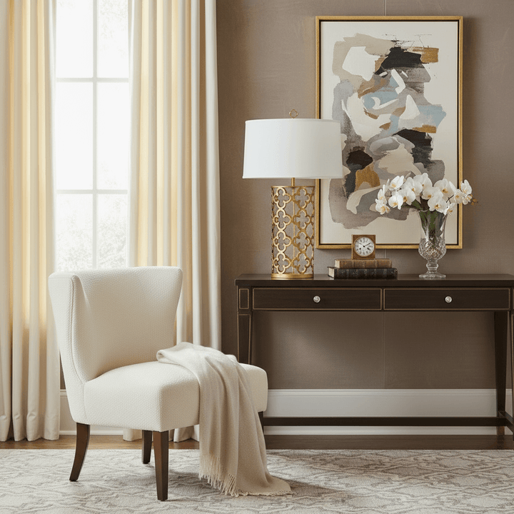 Gold table lamp with white shade, chair and flowers in luxurious living room