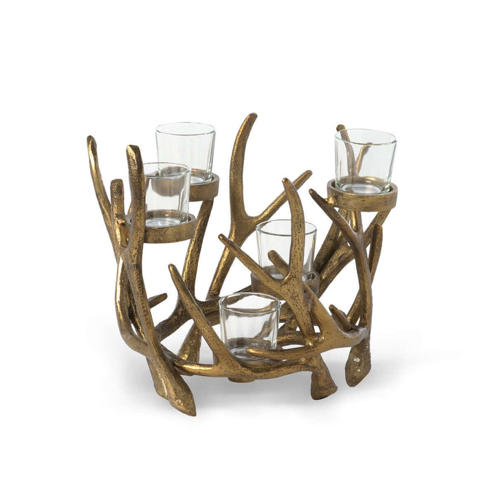 Vintage Gold Antler Candle Holder Centerpiece with interwoven antlers holding five glass votive cups in an antique gold finish.