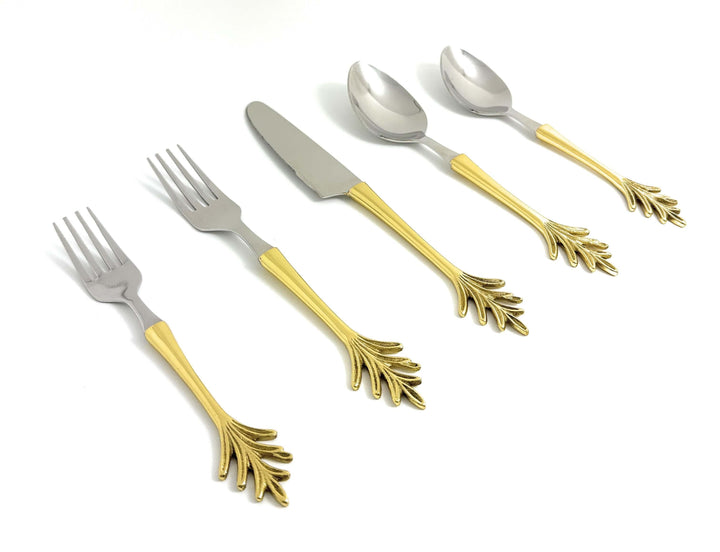 Vintage Gold Leaf Handle Flatware Set (20-Piece) featuring elegant gold leaf handles and stainless steel bodies, perfect for dinner parties.
