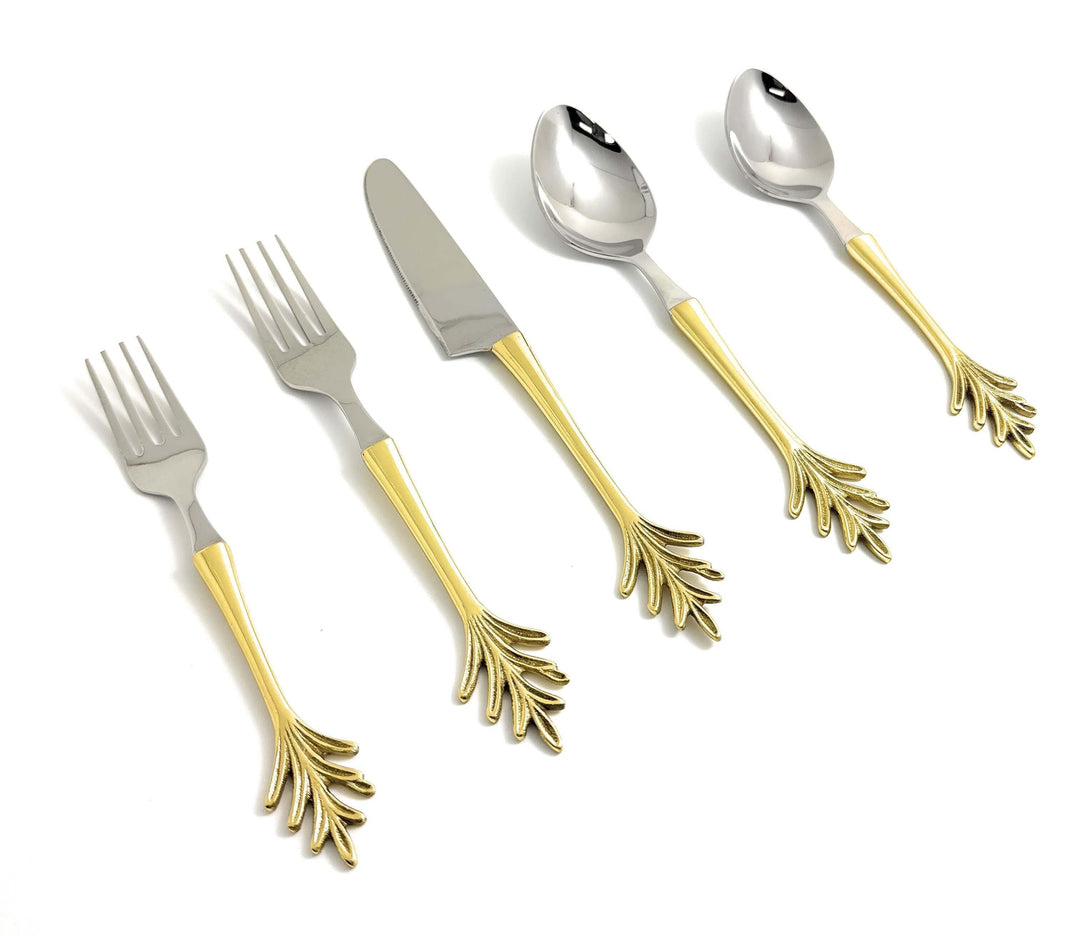 Vintage Gold Leaf Handle Flatware Set (20-Piece) with elegant gold leaf design and stainless steel, perfect for timeless dinner elegance.