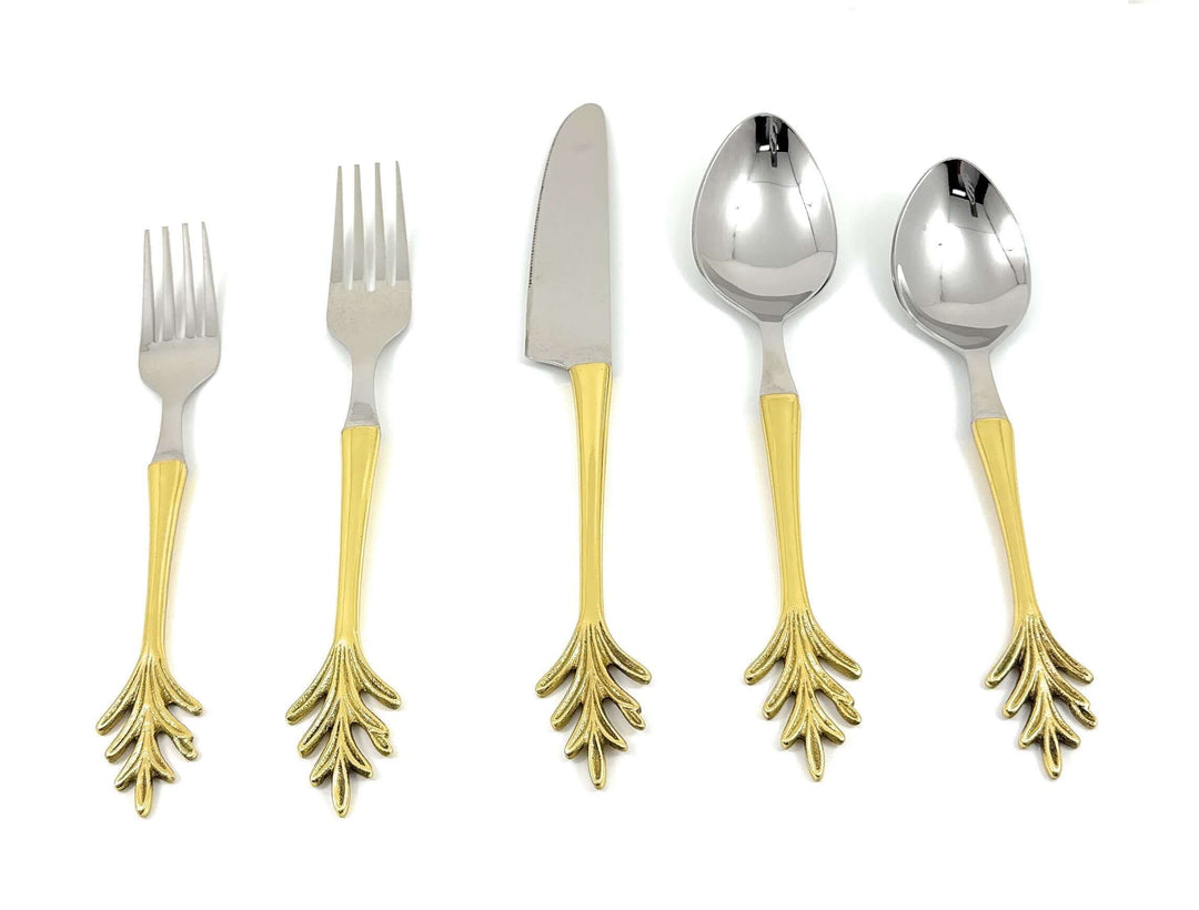 Vintage Gold Leaf Handle Flatware Set (20-Piece) featuring ornate gold leaf handles and stainless steel finish.