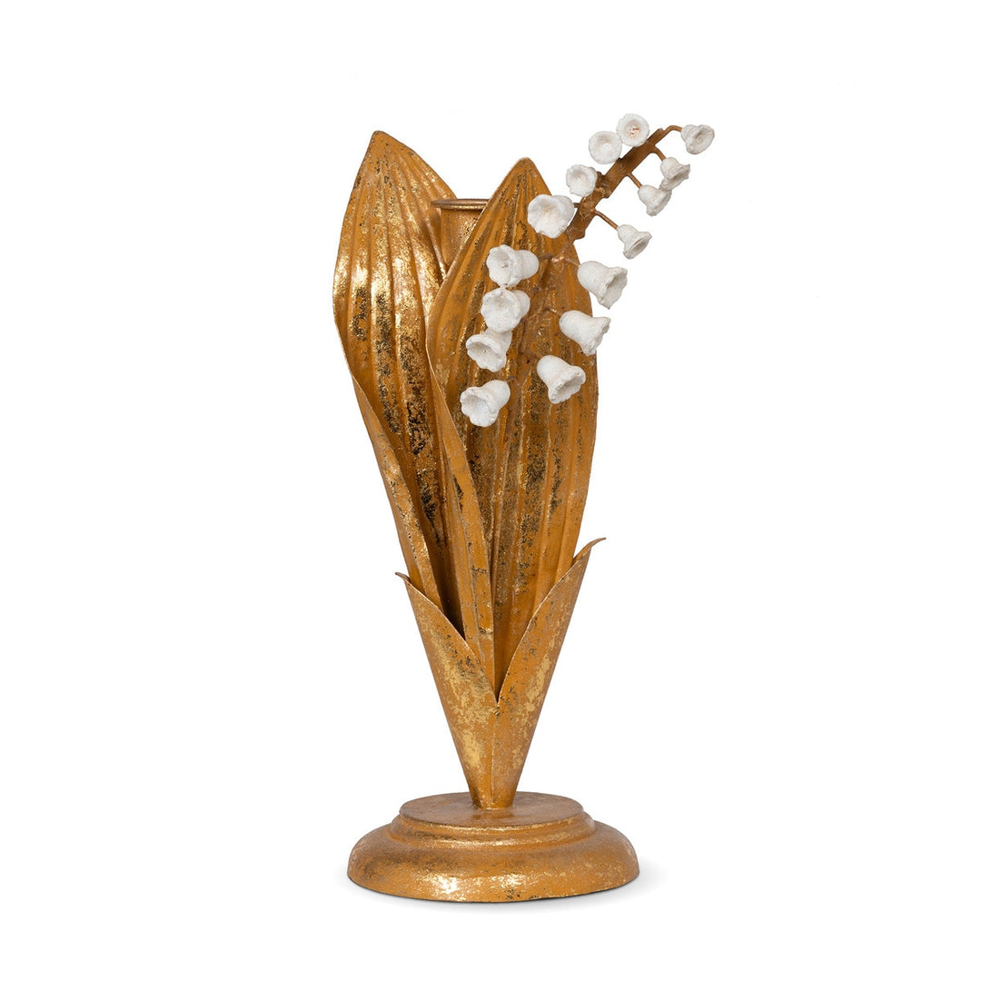 Vintage Gold Lily of the Valley Candle Holder with white blossoms and tole metal design, elegant home decor accent