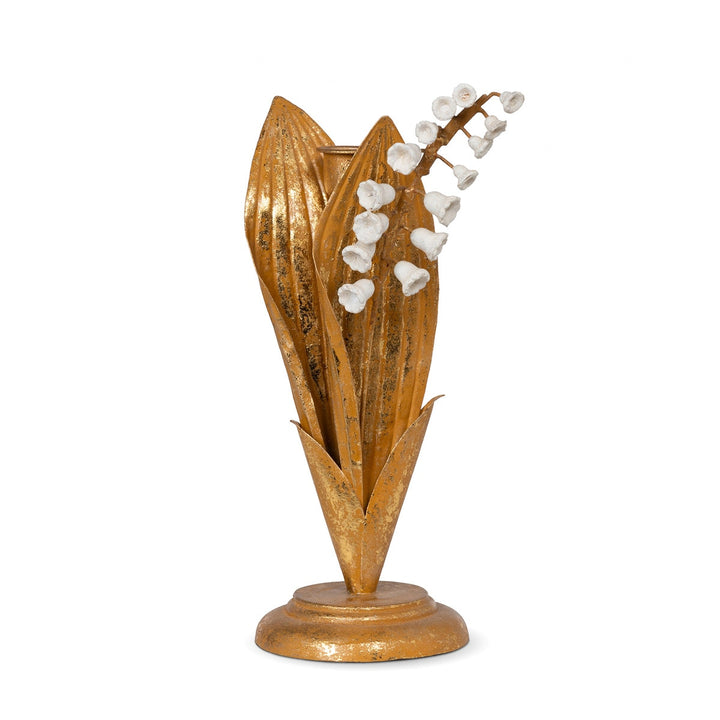 Vintage Gold Lily of the Valley Candle Holder with white blossoms and tole metal design, elegant home decor accent