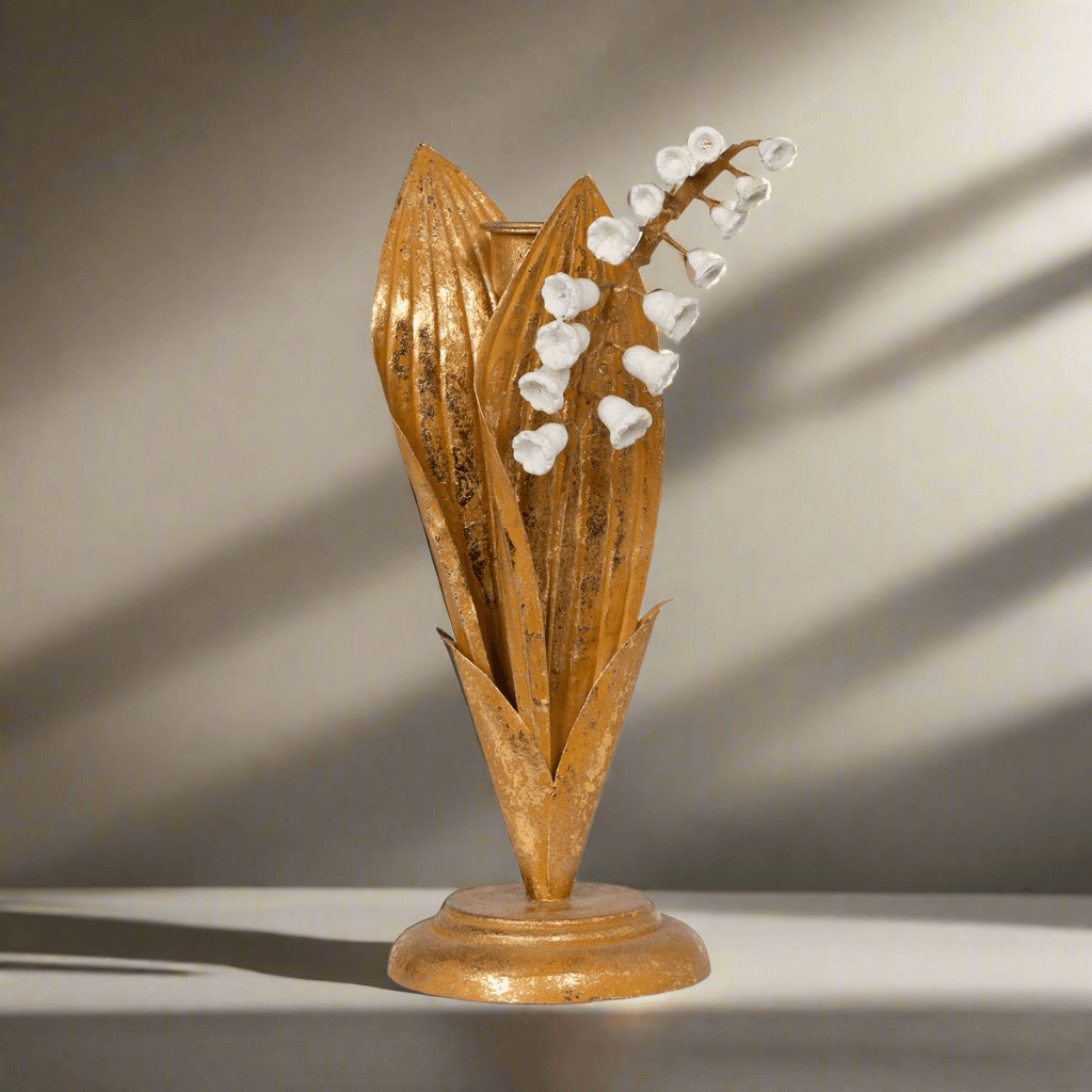 Vintage Gold Lily of the Valley Candle Holder with white blossoms on a tole metal base