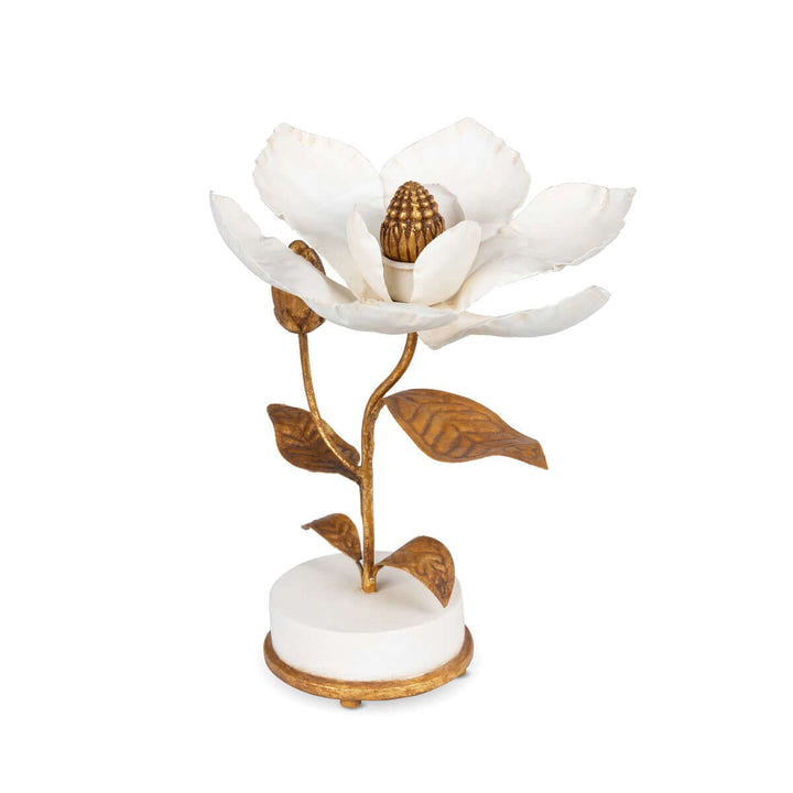 Vintage Gold Magnolia Candle Holder with white petals and golden accents on a smooth white base.