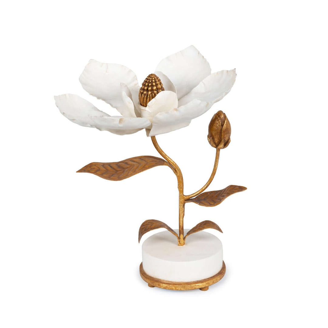 Vintage Gold Magnolia Candle Holder featuring hand-sculpted floral design with ivory petals and a golden center on a smooth white base.