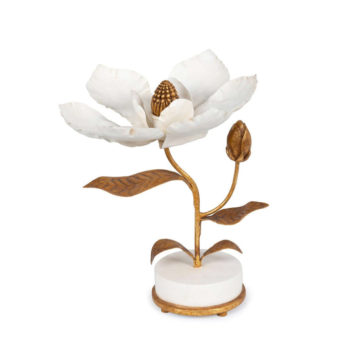 Vintage Gold Magnolia Candle Holder featuring hand-sculpted floral design with ivory petals and a golden center on a smooth white base.