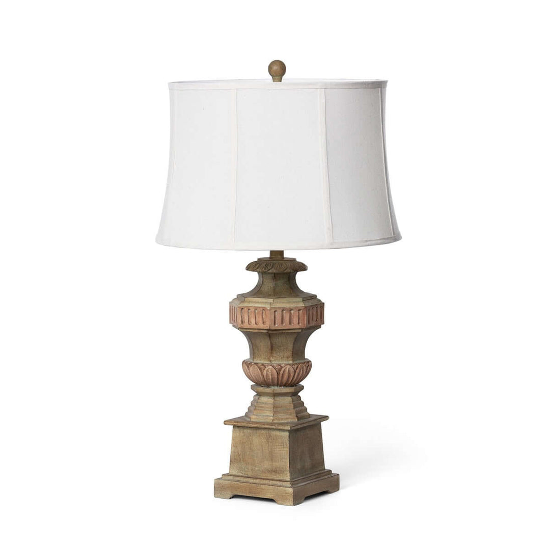Vintage Greek Column Table Lamp with white shade and resin base resembling classical temple columns, embodying elegant nostalgia.