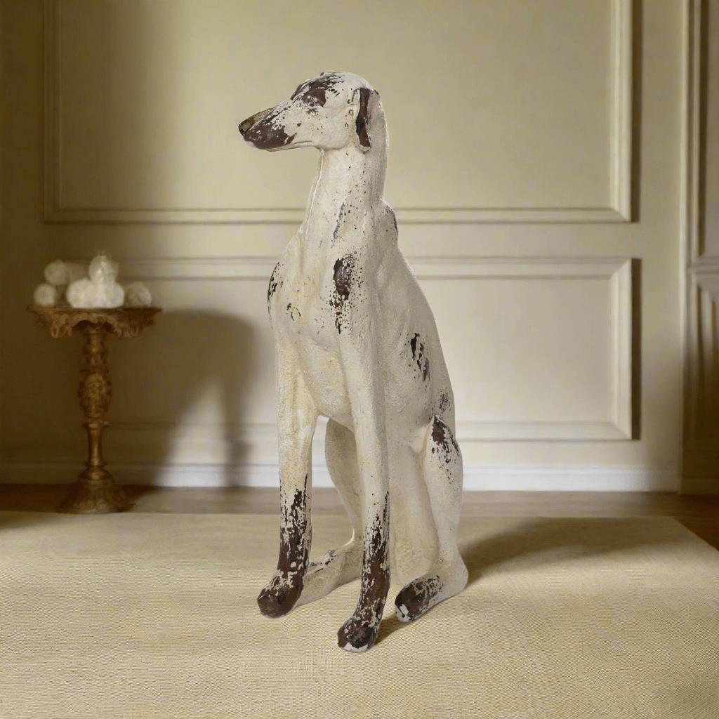 Vintage Greyhound Dog Statue with distressed finish displayed in elegant interior setting, 31 inches tall decorative piece.