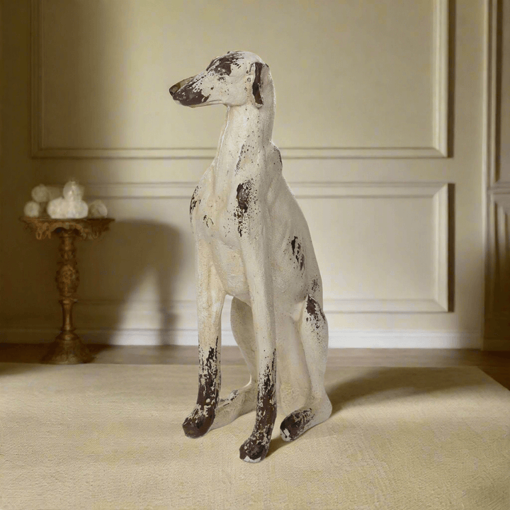 Vintage Greyhound Dog Statue with distressed finish displayed in elegant interior setting, 31 inches tall decorative piece.