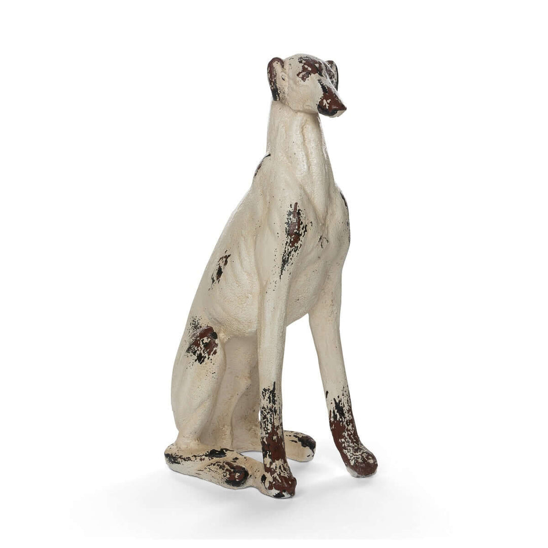 Vintage Greyhound Dog Statue with distressed finish and elegant design, crafted from lightweight magnesium oxide, 31 inches tall.