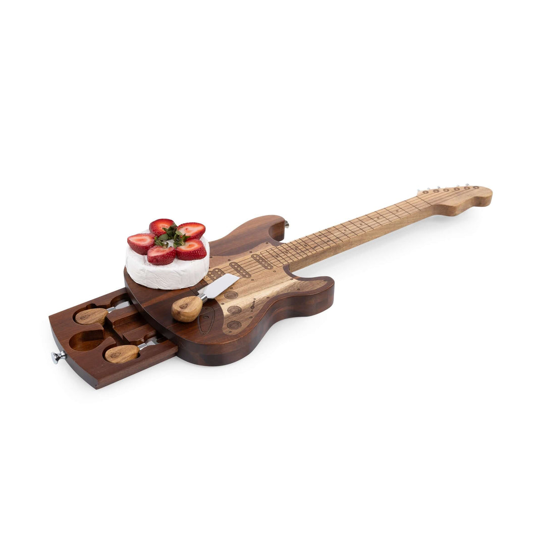 Vintage Guitar-Shaped Cheese Board with Hidden Drawer and Tools handcrafted from acacia wood, with cheese tools and fruit display