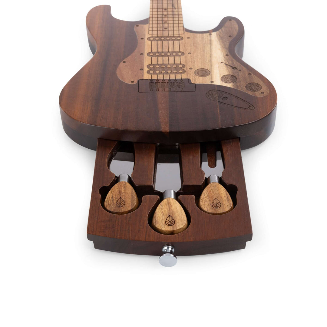 Vintage Guitar-Shaped Cheese Board with Hidden Drawer and Tools made from acacia wood, featuring a music-inspired design.