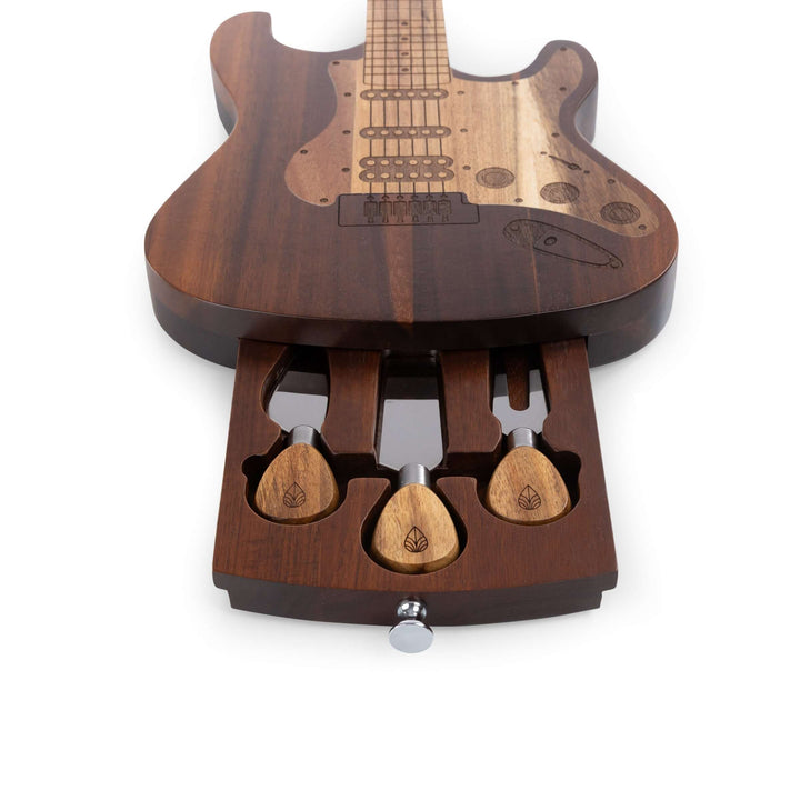 Vintage Guitar-Shaped Cheese Board with Hidden Drawer and Tools made from acacia wood, featuring a music-inspired design.