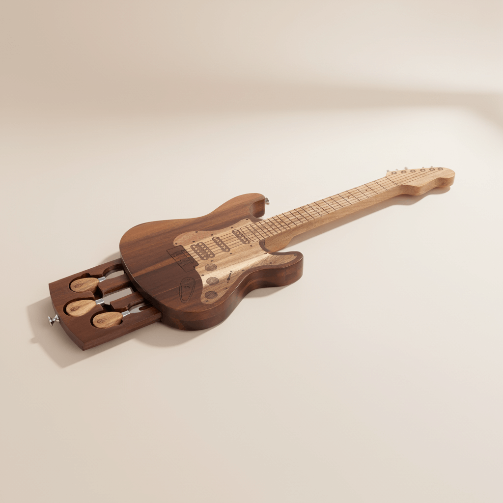 Vintage Guitar-Shaped Cheese Board with Hidden Drawer and Tools made from acacia wood, perfect for music lovers and entertainers.