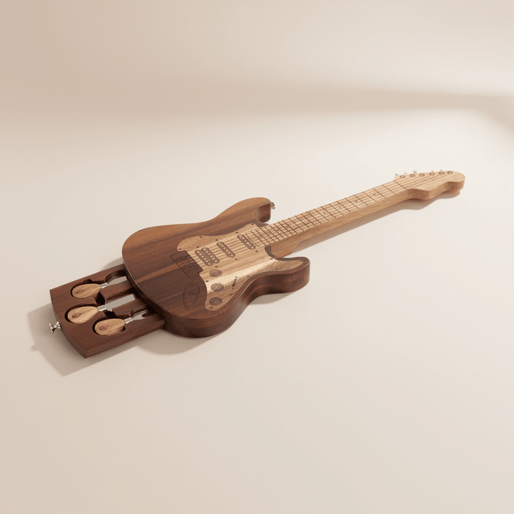 Vintage Guitar-Shaped Cheese Board with Hidden Drawer and Tools made from acacia wood, perfect for music lovers and entertainers.