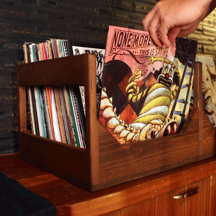 Handmade Wooden Vinyl Record Storage Crate holding colorful album covers, showcasing vintage-inspired design for 12-inch LPs.