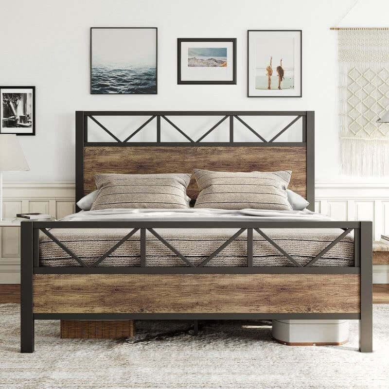 Vintage Industrial Queen Bed Frame with Headboard and Footboard in a modern bedroom setting