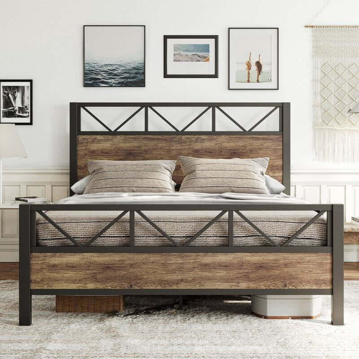 Vintage Industrial Queen Bed Frame with Headboard and Footboard in a modern bedroom setting