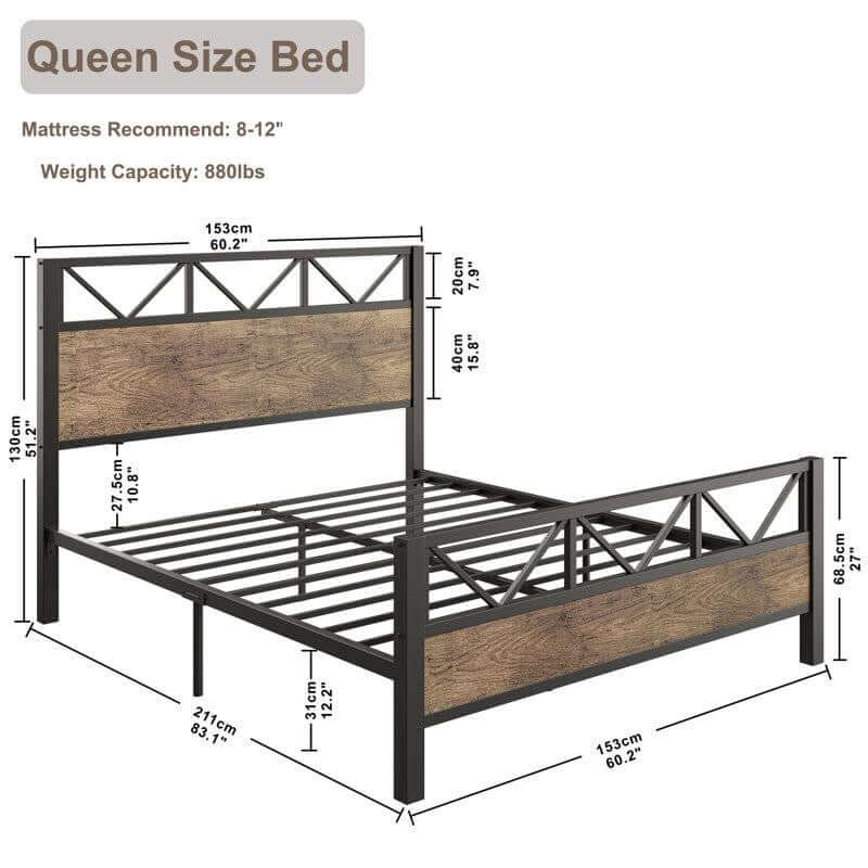 Vintage Industrial Queen Bed Frame with Headboard and Footboard, featuring rustic wood and black metal accents, dimensions shown.