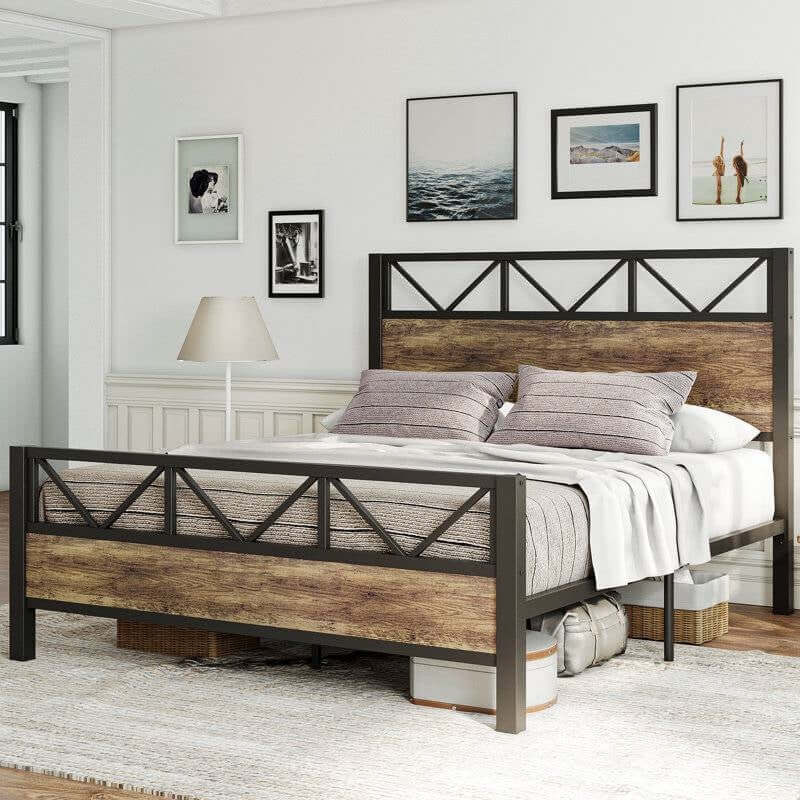 Vintage Industrial Queen Bed Frame with Headboard and Footboard in a modern bedroom setting.
